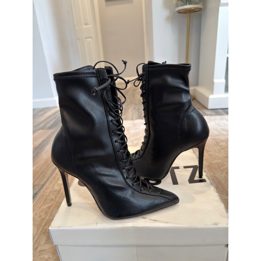 Schutz Tennie Black Nappa Leather Lace Up Pointed Toe Stiletto Booties 6.5B NEW